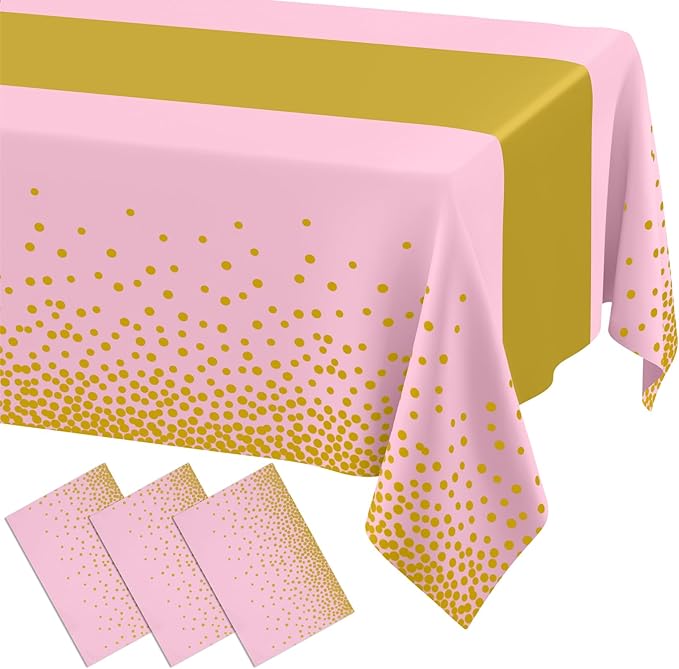 Smiry Plastic Table Cloth Disposable 3 Pack, 54 x 108 Inch Rectangle Waterproof Tablecloth, Printed Gold Table Runner Style for Birthday Weeding, Party Decorations, Leakproof & Sturdy, Pink and Gold