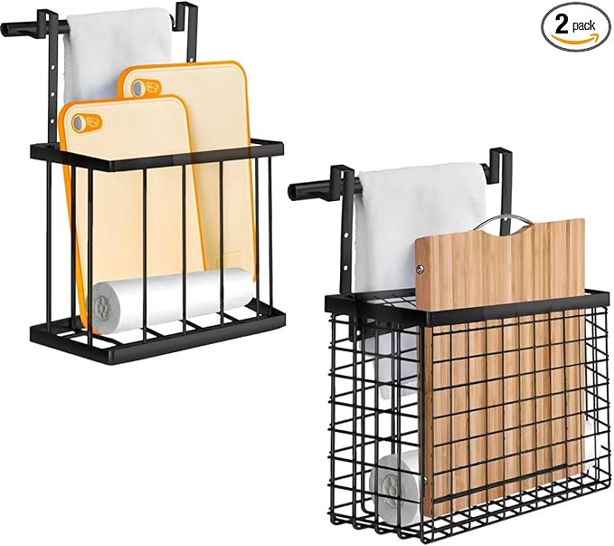 2 Pack Cabinet Door Organizer with Towel Bar, Over The Cabinet Door Storage with Towel Holder for Kitchen Cutting Board,Black