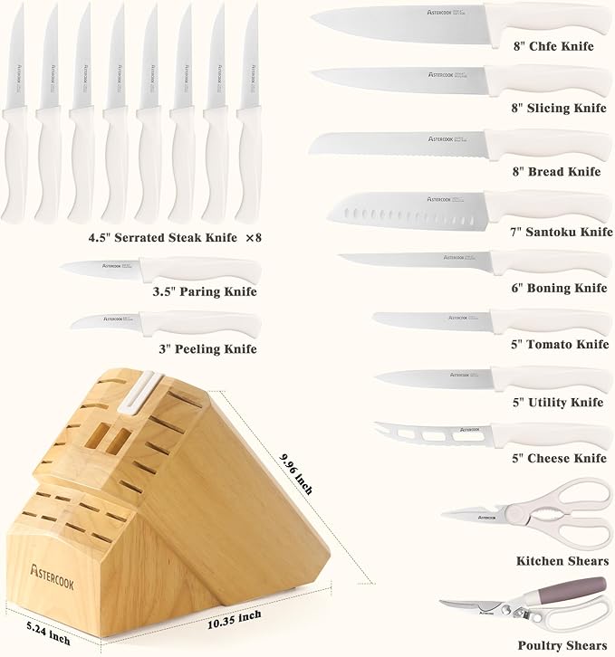 Knife Set, Astercook 22-Piece Kitchen Knife Set with Built-in Sharpener Block, High Carbon Stainless Steel Knives, Dishwasher Safe, Non-Slip Handle, Elegant Cream White Design, Perfect Holiday Gifts