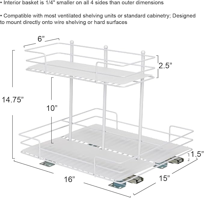 Household Essentials Glidez Paint-Finished Steel Pull-Out/Slide-Out Storage Organizer with Plastic Liners for Under Sink or Cabinet Use- 2 -Tier Design - Fits Standard Size Cabinet or Shelf, White