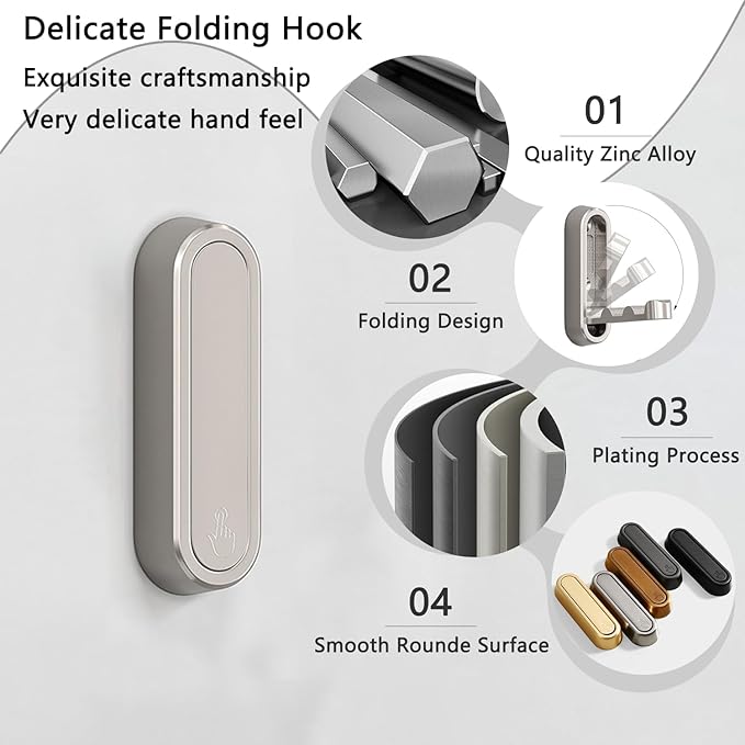 Gold Foldable Wall Hooks, Metal Foldable Hooks Wall Wount for Bathroom, Kitchen, Bedroom – Space-Saving, for Towels, Coats, Bags, Easy Installation (Silver, 2PCS)