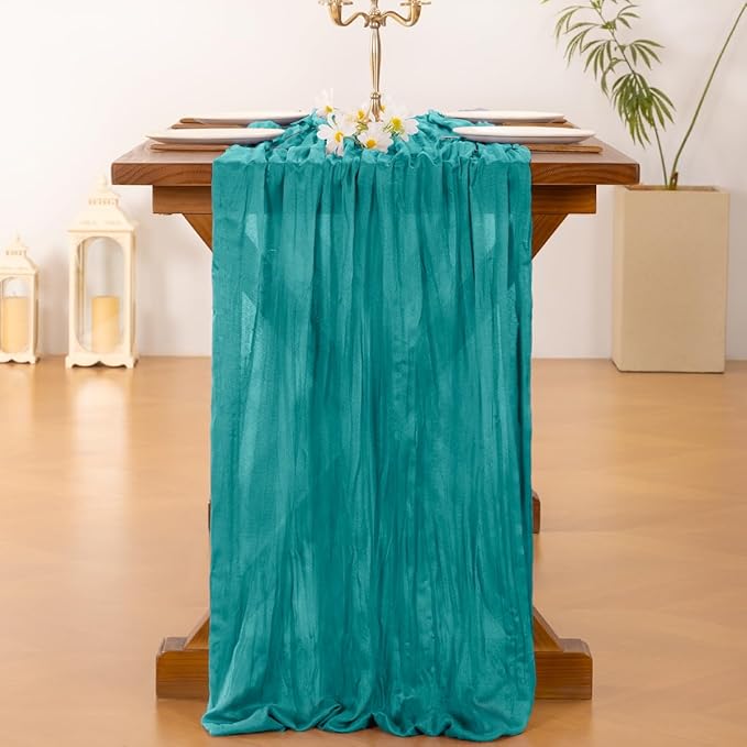 Socomi 2pcs Teal Blue Summer Cheesecloth Table Runner Boho Rustic Gauze 120 inch 10FT Cheese Cloth Sheer Runner for Wedding Party Baby Shower Birthday Home Decor