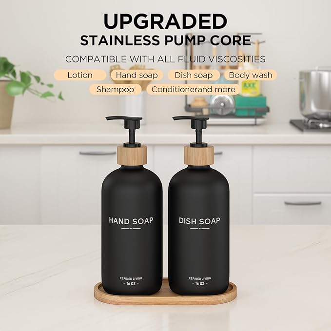 Hand and Dish Soap Dispenser Set,16oz Glass Bottles with Bamboo Pumps & Tray,Countertop Soap Dispensers for Kitchen,Luxury, Minimalist & Farmhouse Decor