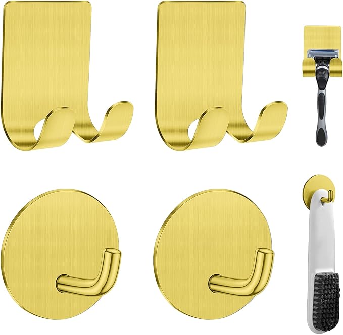 Diesisa Razor Holder for Shower + Adhesive Wall Hooks, Premium 304 Stainless Steel Shower Razor Holder with Heavy Duty Waterproof Sticky Hooks for Hanging Towels, Coat, hat (2+2 Pack)-Gold