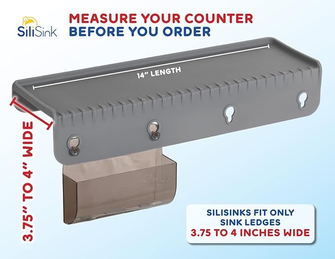 SiliSink Silicone Sink Edge Guard for Kitchen Sink - Fits 3.75” - 4” Wide - The Original Silicone Edge Protector with Sponge Caddy, 14” Gray