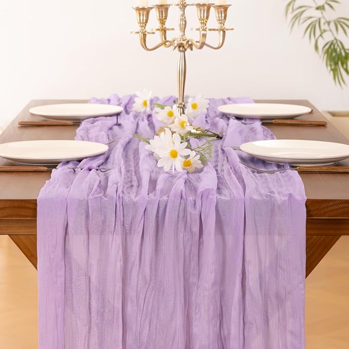 Socomi 2pcs Lilac Purple Lavender Cheesecloth Table Runner Summer Boho Rustic Gauze 120 inch 10FT Cheese Cloth Sheer Runner for Wedding Party Baby Shower Birthday Home Decor Holiday Decorations