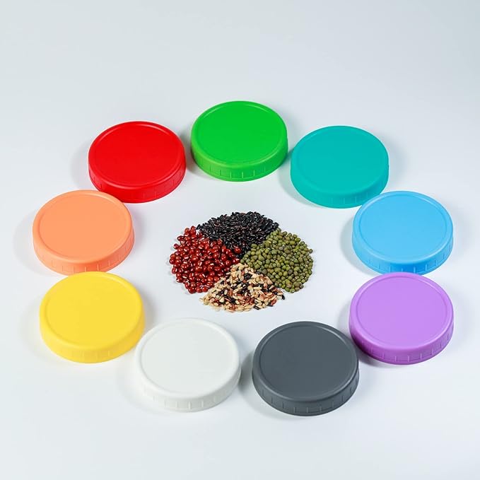 Bedgeta 9 Regular Mouth Mason Jar Lids with Silicone Ring,Thickened Leak-proof Lids Fit Ball,Kerr and More, 9 Gray Plastic, (Gray)