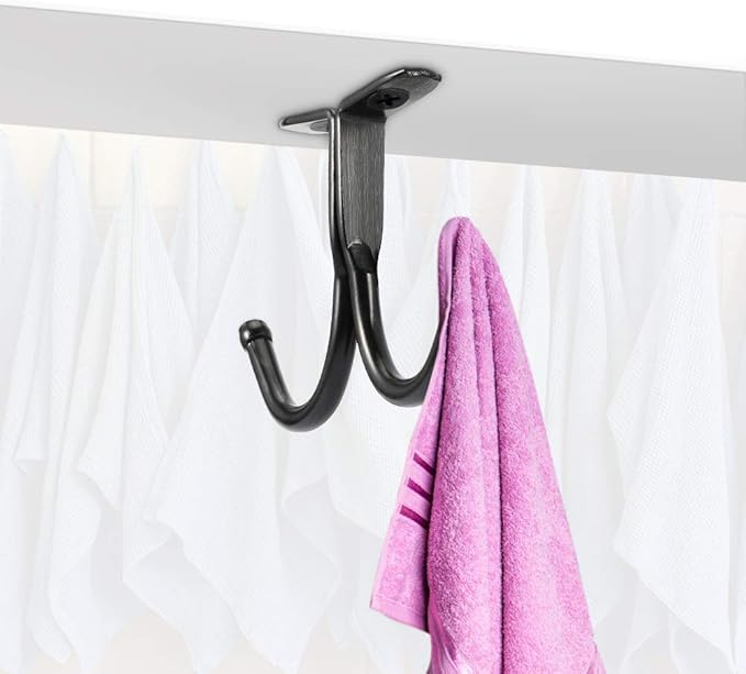 Picowe 6 Pcs Double Prong Ceiling Hook - Under Shelf Coat Hooks Bathroom Towel Bedroom Robe Hook for Hanging Baseball Cap, Coat, Clothes and Jewelry (Black)