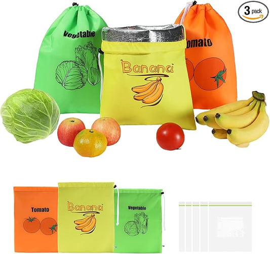 Small Mesh Drawstring Produce Bags 3 Pack + 5 Bonus Films - Washable Reusable Storage for Refrigerator, Keep Fruits and Vegetables Organized, Eco-Friendly Grocery Essential
