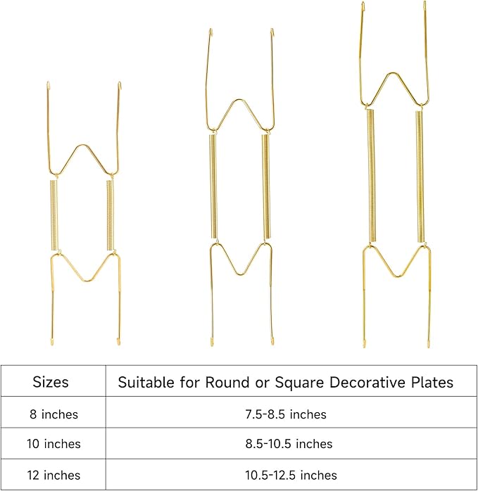 12 Piece Plate Hangers, 8/10/12 Inch Invisible Brass Wall Plate Hangers, Comes with 16 Piece Wall Hooks for Decorative Plates
