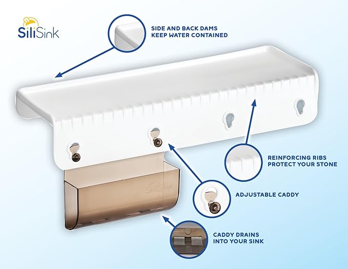 SiliSink Silicone Sink Edge Guard for Kitchen Sink - Fits 3.75” - 4” Wide - The Original Silicone Edge Protector with Sponge Caddy, 14” White