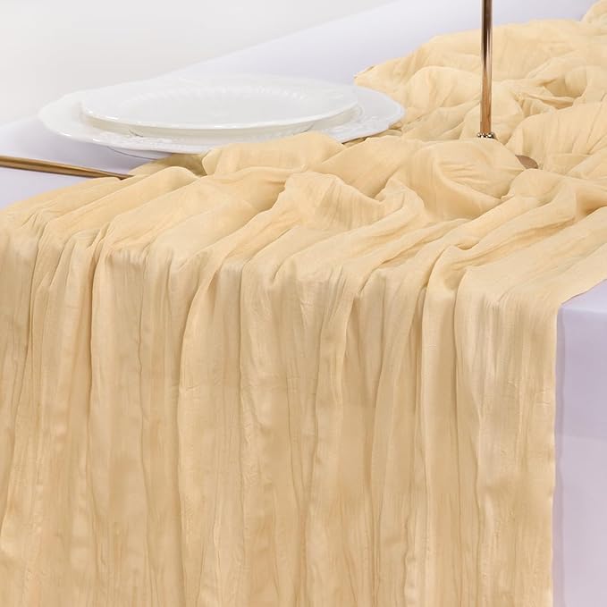 Socomi 3pcs Gold Champagne Cheesecloth Table Runner Summer Boho Rustic Gauze 120 inch 10FT Cheese Cloth Sheer Runner for Wedding Party Baby Shower Birthday Home Decor Holiday Decorations