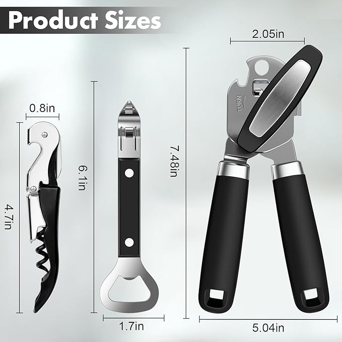 3PCS Can Opener Manual & Bottle Opener & Wine Opener, Smooth Edge Can Openers with Strong Magnet, Heavy Duty Stainless Steel Abrelatas Handheld Waiter Corkscrew - Premium Kitchen Supplies (Black)