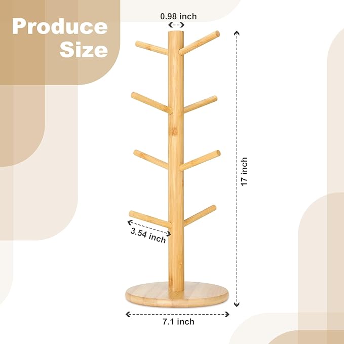 8 Hooks Large Capacity Mug Holder Tree, Bamboo Mugs Trees for Counter, Detachable Cup Stand Holders Coffee Bar Accessories