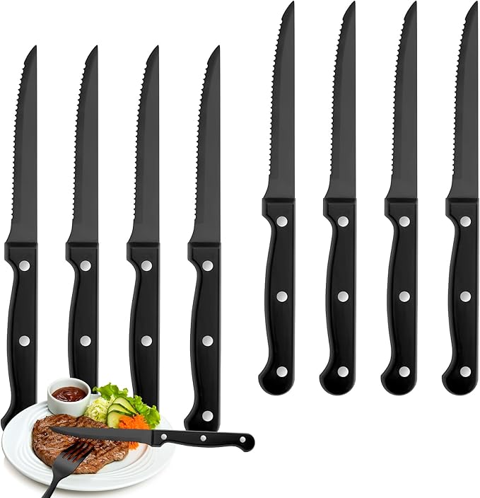 Black Steak Knives Set of 8, Sharp Triple Rivet Steak Knife, High-Carbon Stainless Steel Serrated Blades, Ergonomic Handles Serrated Steak Knives, Dinner Knife for Kitchen Restaurant, Dishwasher Safe