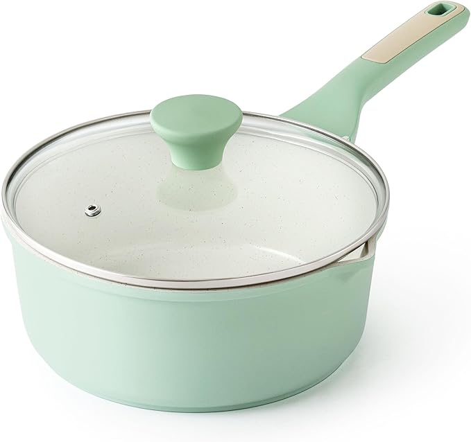 SENSARTE Ceramic Nonstick Saucepan with Double Pouring Spout 3.0 Quarts, Cooking Pot with Stay Cool Handle, Induction Compatible, Ceramic Coating, Free of Intentionally Added PFOA/PFAS, Green