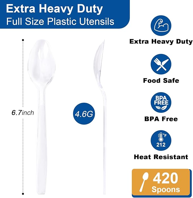420 Count Extra Heavy Duty Plastic Spoons Silverware – Heat Resistant & BPA Free Disposable Silverware Cutlery – Clear Premium Plastic Utensils for Parties & Events (Clear, 420 Spoons)