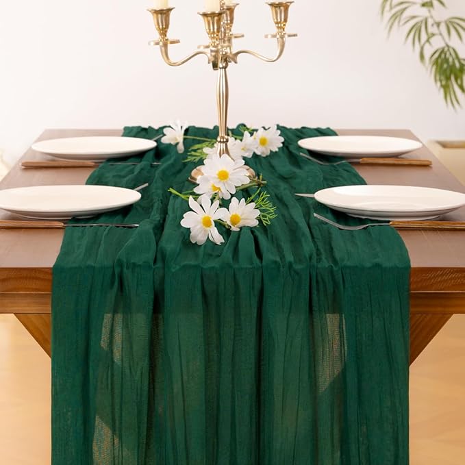 Socomi 10pcs Emerald Green Cheesecloth Table Runner Summer Boho Rustic Gauze 120 inch 10FT Cheese Cloth Sheer Runner for Wedding Party Baby Shower Birthday Home Decor Holiday Decorations