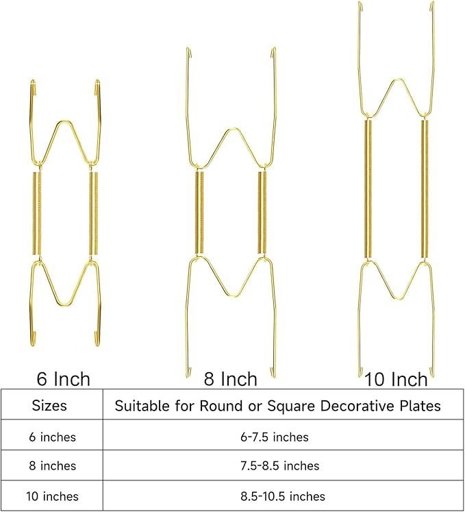 12 Piece Plate Hangers, 6/8/10 Inch Invisible Brass Wall Plate Hangers, Comes with 16 Piece Wall Hooks for Decorative Plates