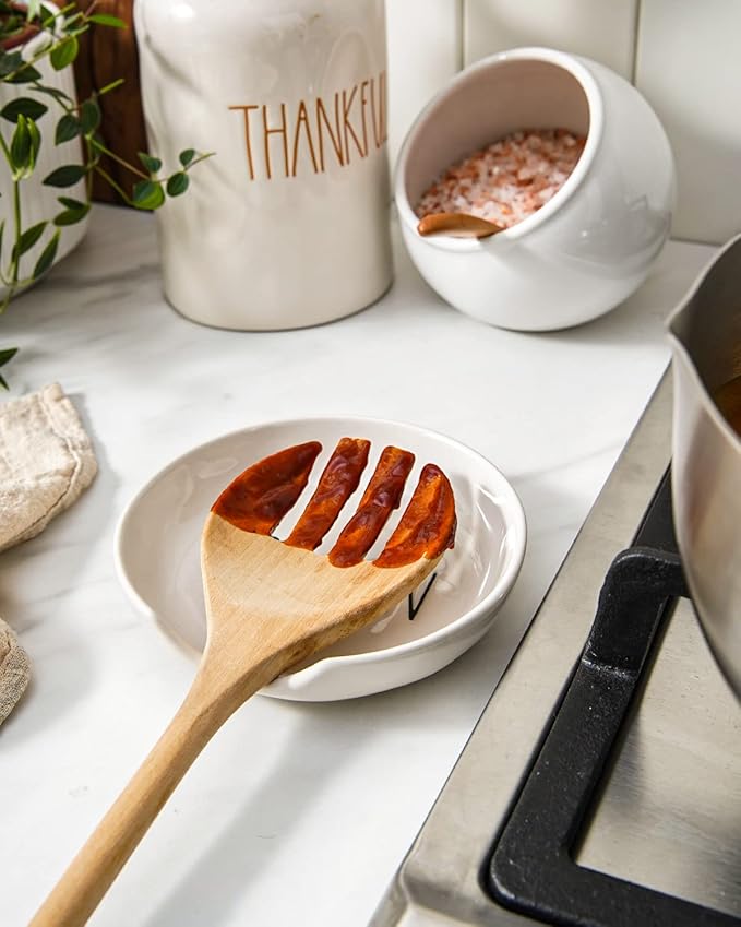 LE TAUCI Spoon Rest for Stove Top, Set of 4 Ceramic Spoon Holder for Kitchen Counter, 5-Inch Heat Resistant Utensil Rest for Cooking Spatula, Whisks, Ladle, Dishwasher Safe, Oyster White