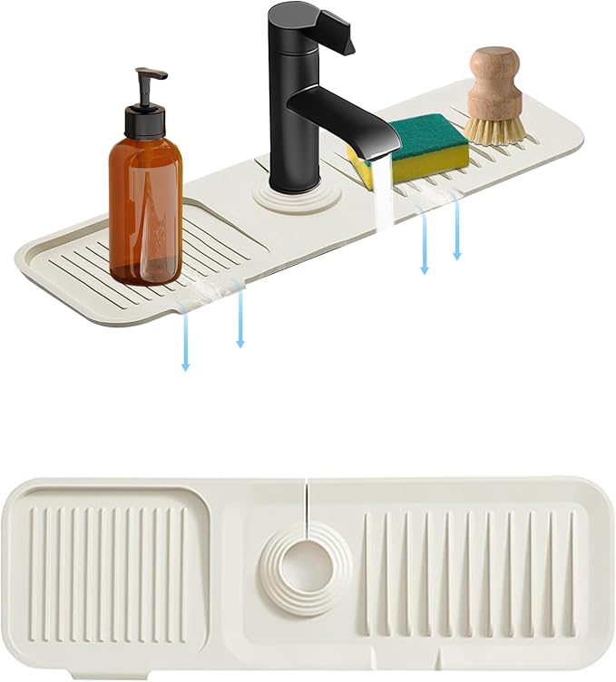 Silicone Sink Splash Guard Mat with Slanted Design,24*5.5 Inch Large Non-Slip Base,Multi-Surface Protector for Kitchen,Bathroom,Laundry,RV,Easy Clean Water Deflector Accessory(milky white)