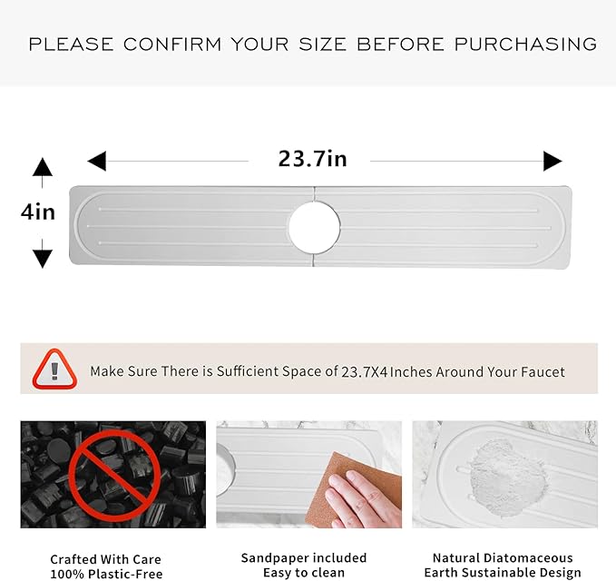 Stone Faucet Mat for Kitchen Sink, Diatomite Fast Drying Absorb Moisture Tray, Prevents Water Buildup, Durable Anti-slip Splash Guard Sink Protector (White, 23.7"x4")