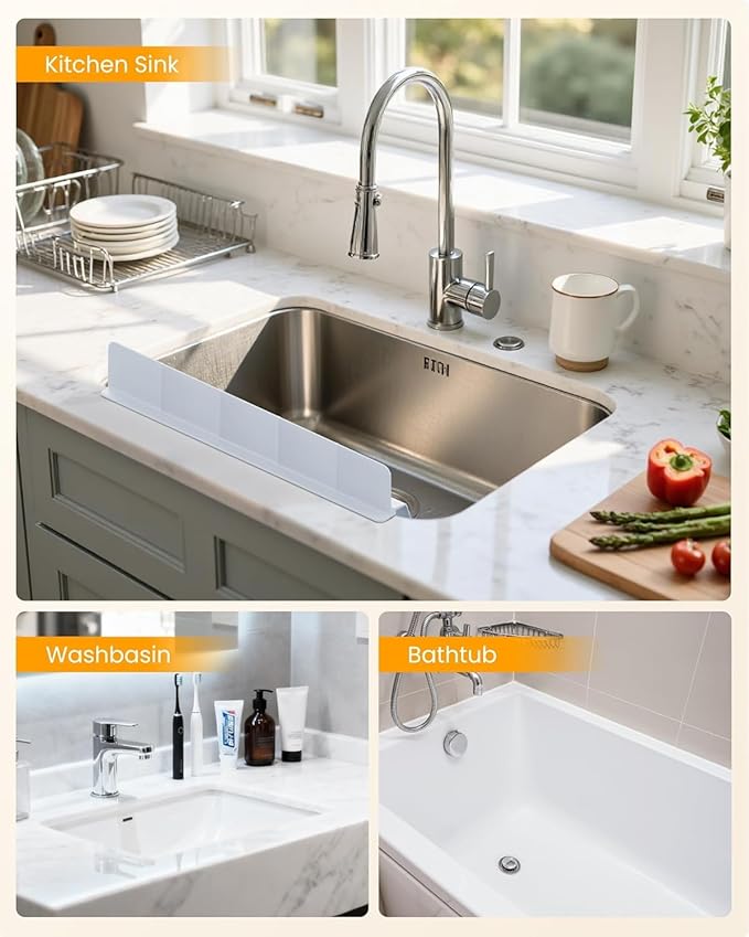 Kitchen Sink Splash Guard 18" Silicone Water Guard with Strong Suction Cups, Faucet & Countertop Protector, Bathroom & Sink Edge Splash Guard Strip, Easy Install, Dishwasher Safe-Grey