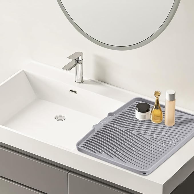 Silicone Dish Drying Mat, Stone Drying Mat for Kitchen Counter with Built-In Drain, Non-Slip Drain Pad with Built-in Drain, Heat Resistant Stone Drying Mat, Hangable, Grey-2pcs, 20" x 15"