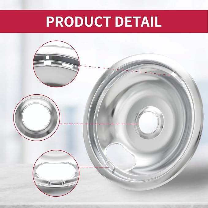 W10196405 W10196406 Stove Burner Drip Pans for Electric Stove Top-Compatible with Whirlpool Electric Range-Thickening to Prevent Bent-Set of 4 Chrome Drip Pans, Silver