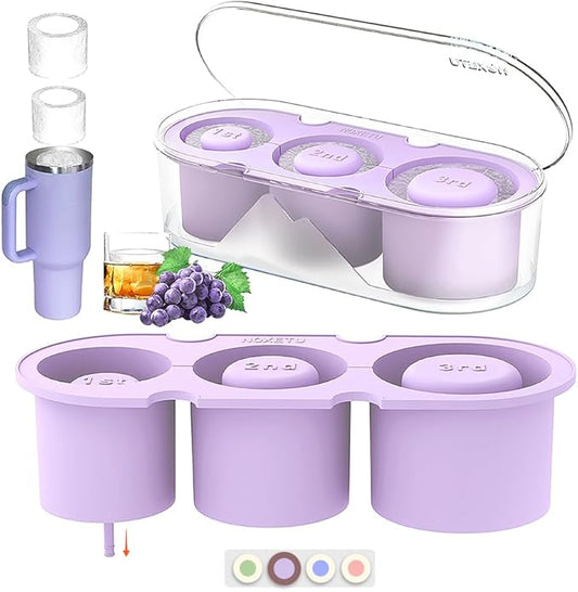 Ice Mold for Stanley Cup 30/40 Oz - Easy Fill and Release Without Touching Ice, Silicone Ice Cube Tray with Clear Lid and Bin for Freezer, Whiskey, Cocktail (Purple)