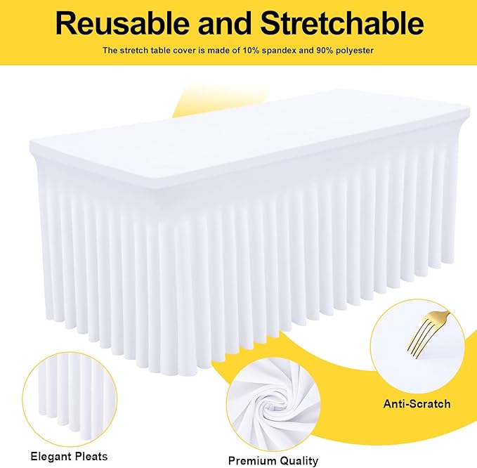 Smiry Spandex Tablecloth 2 Pack, Elastic Fitted Stretch Tablecloth for 5FT Rectangle Tables, Waterproof Washable Table Cover Skirt for Outdoor, Wedding, Banquet & Parties (White, 60Lx36Wx30H Inch)