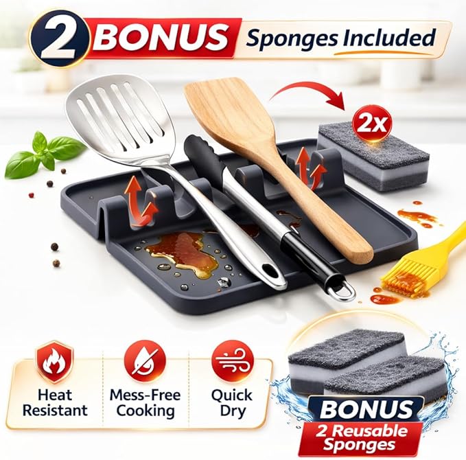 Silicone Spoon Rest for Stove Top – Silicone Utensil Holder with Large Drip Tray, Heat Resistant, BPA Free Food-Grade Silicone, Non-Slip Base, Dishwasher Safe,4-Slot Design, Includes 2 Sponges (Black)