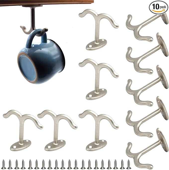 10 Pcs Zinc Alloy Ceiling Double Hook Cabinet Wardrobe Coat Towel Hat Hook Hooks Under Cabinet Shelf (Matte Silver)
