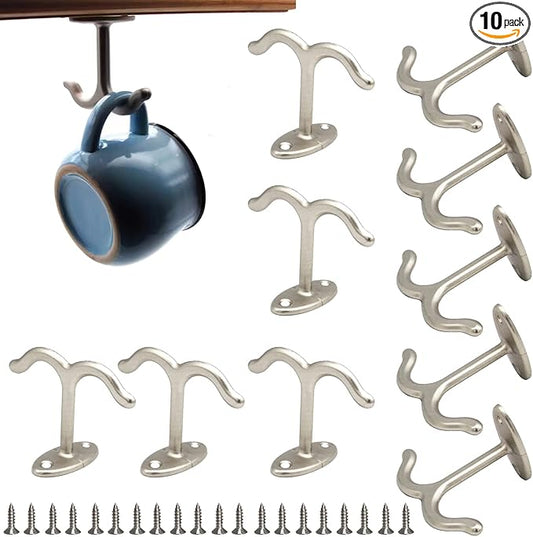 10 Pcs Zinc Alloy Ceiling Double Hook Cabinet Wardrobe Coat Towel Hat Hook Hooks Under Cabinet Shelf (Matte Silver)