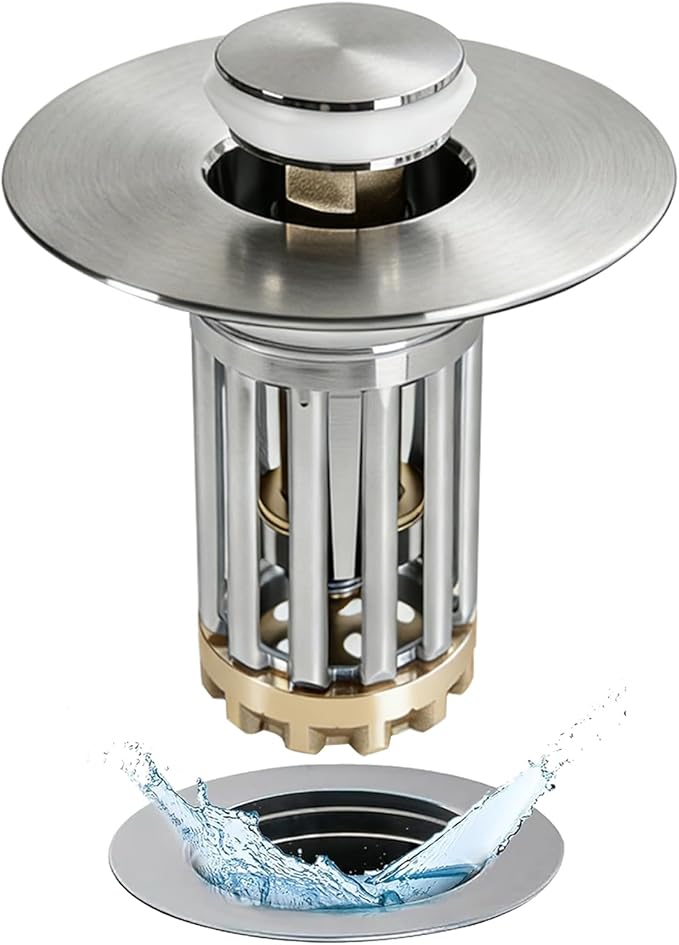 3 in 1 Pop Up Bathroom Sink Stopper, Bathroom Sink Drain Strainer, with Removable Basket Hair Catcher, Universal Sink Plug Cover for 1.06 in to 1.6 in Drain, Brushed Nickel