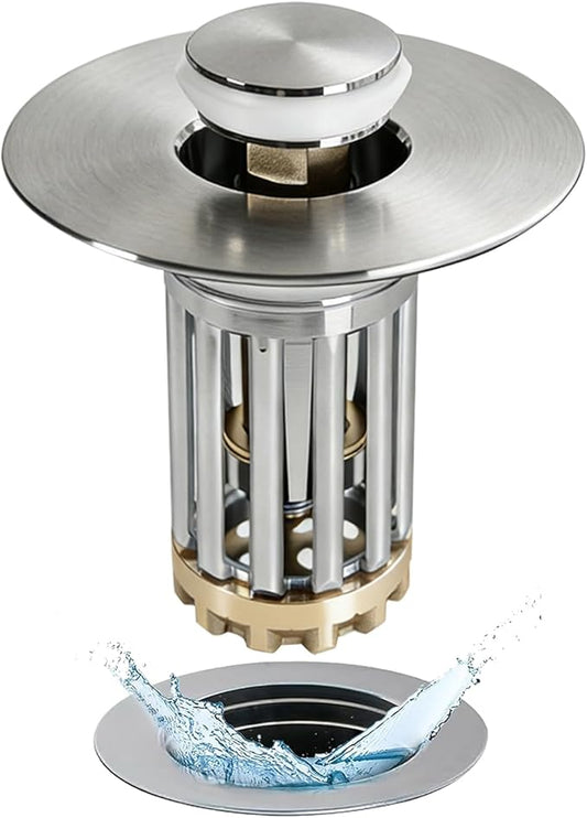 3 in 1 Pop Up Bathroom Sink Stopper, Bathroom Sink Drain Strainer, with Removable Basket Hair Catcher, Universal Sink Plug Cover for 1.06 in to 1.6 in Drain, Brushed Nickel