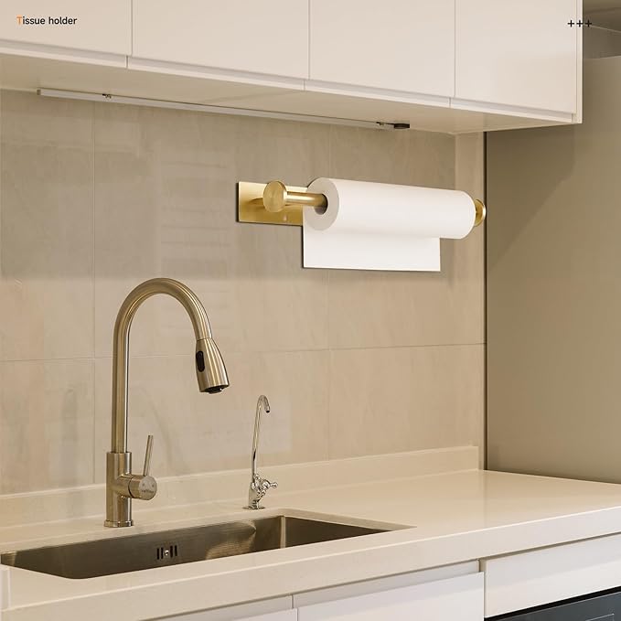 Paper Towel Holder Wall Mount - Self Adhesive No Drill or Drilling, SUS304 Stainless Steel - Kitchen, Bathroom, Sink, Pantry, Fridge (Gold)