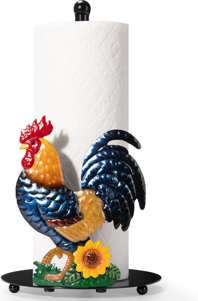 Rooster Paper Towel Holder Countertop - Sunflower & Chicken Farmhouse Kitchen Decor and Accessories, Rustic Housewarming Gift for Rooster & Farmhouse Enthusiasts, Weighted Base