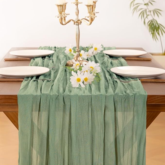 Socomi 2pcs Sage Green Cheesecloth Table Runner Summer Boho Rustic Gauze 120 inch 10FT Cheese Cloth Sheer Runner for Wedding Party Baby Shower Home Decor Holiday Decorations