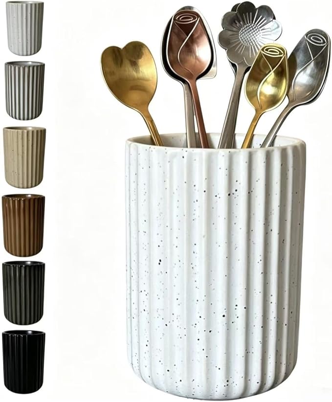 TOPYOKK Stoneware Coffee Bar Utensil Holder Tea & Coffee Spoon & Stirrer Holder for Stir Stick Straw Teaspoon Holder Spoon Cup Small Utensil Jar Fluted Vertical Stripe (Spotted White)