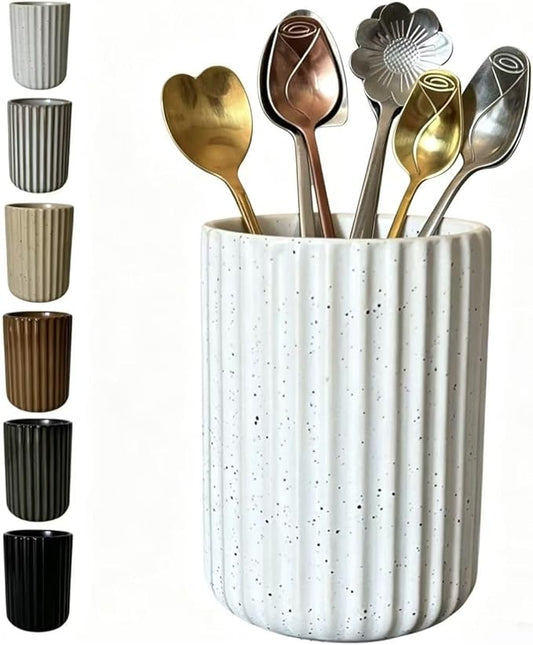 TOPYOKK Stoneware Coffee Bar Utensil Holder Tea & Coffee Spoon & Stirrer Holder for Stir Stick Straw Teaspoon Holder Spoon Cup Small Utensil Jar Fluted Vertical Stripe (Spotted White)