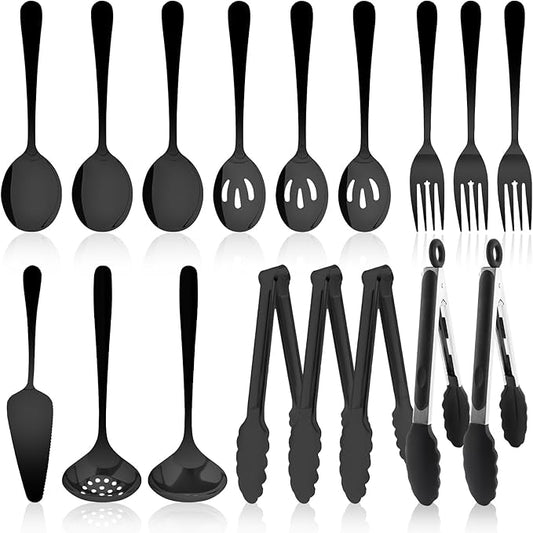 17PCS Serving Utensils Set Flatware, Stainless Steel Serveware Large Serving Spoons, Slotted Spoons, Forks, Tongs, Cake Server,Soup and Skimmer Spoon for Buffet, Catering, Party, Dinner (Black)