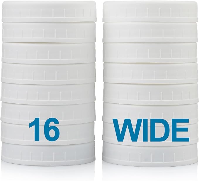 AOZITA Wide Mouth Mason Jar Lids [16 Pack] for Ball, Kerr and More - White Plastic Storage Caps for Mason/Canning Jars - Leak-Proof - Dishwasher Safe & Food Grade