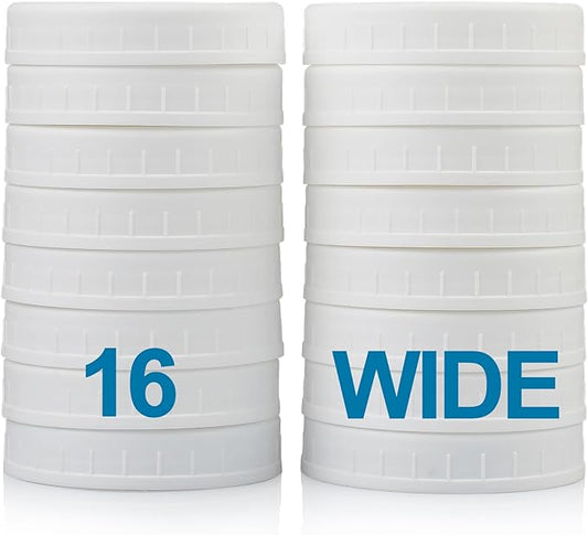 AOZITA Wide Mouth Mason Jar Lids [16 Pack] for Ball, Kerr and More - White Plastic Storage Caps for Mason/Canning Jars - Leak-Proof - Dishwasher Safe & Food Grade