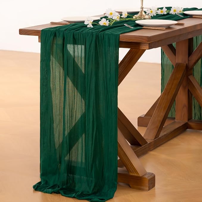 Socomi 10pcs Emerald Green Cheesecloth Table Runner Summer Boho Rustic Gauze 120 inch 10FT Cheese Cloth Sheer Runner for Wedding Party Baby Shower Birthday Home Decor Holiday Decorations