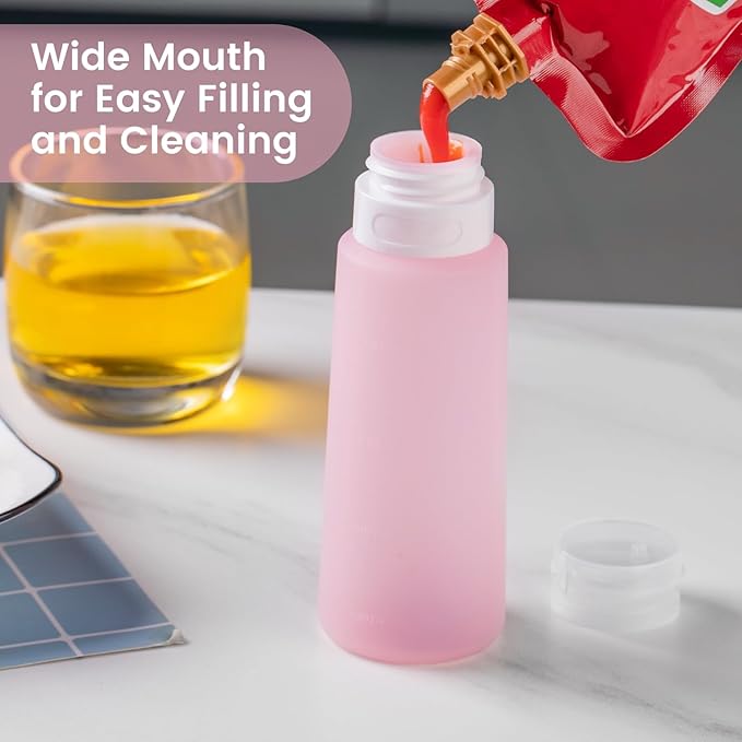 MICEBAY Condiment Squeeze Bottles for Sauces, 6-oz Small Silicone Salad Dressing Container to Go with Snack Storage Bag, Leakproof Sauce Bottles for Lunch Box, 4 Pack, Pink