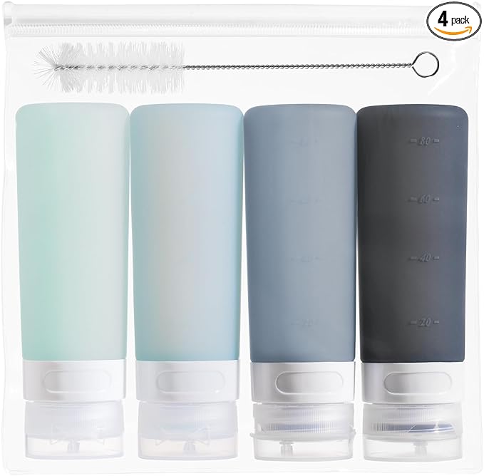 MICEBAY Condiment Squeeze Bottles for Sauces, 3-oz Mini Silicone Salad Dressing Container to Go with Reusable Sandwich Bag, Leakproof Sauce Bottle for Bento Lunch Box, 4 Pack, Gray
