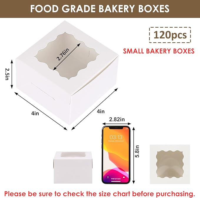 Moretoes 120pcs White Bakery Boxes, 4x4x2.5 Inch Cookie Boxes with Window for Small Cake, Treats, Donuts, Candy