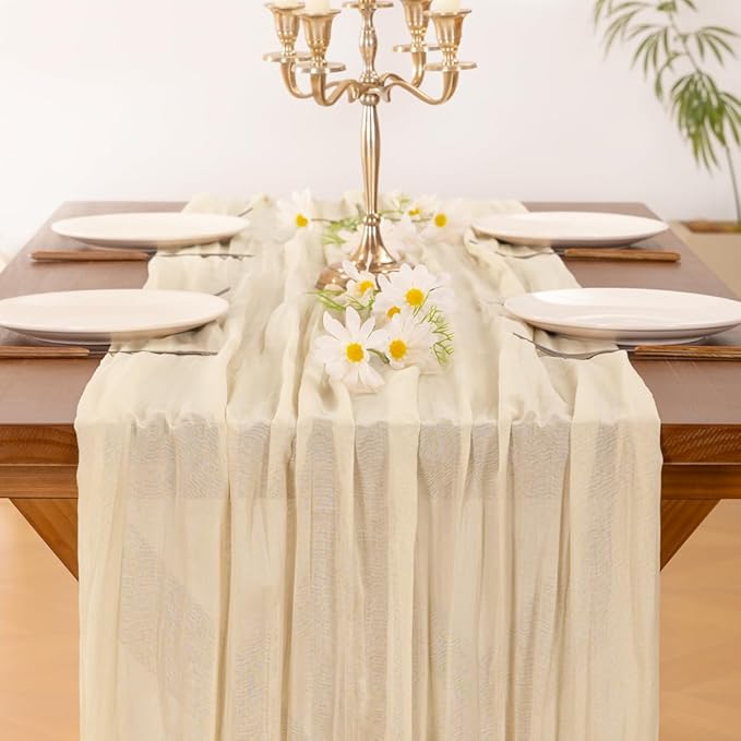 Socomi 6pcs Beige Summer Cheesecloth Table Runner Boho Rustic Gauze 120 inch 10FT Cheese Cloth Sheer Runner for Wedding Party Baby Shower Birthday Home Decor Holiday Decorations