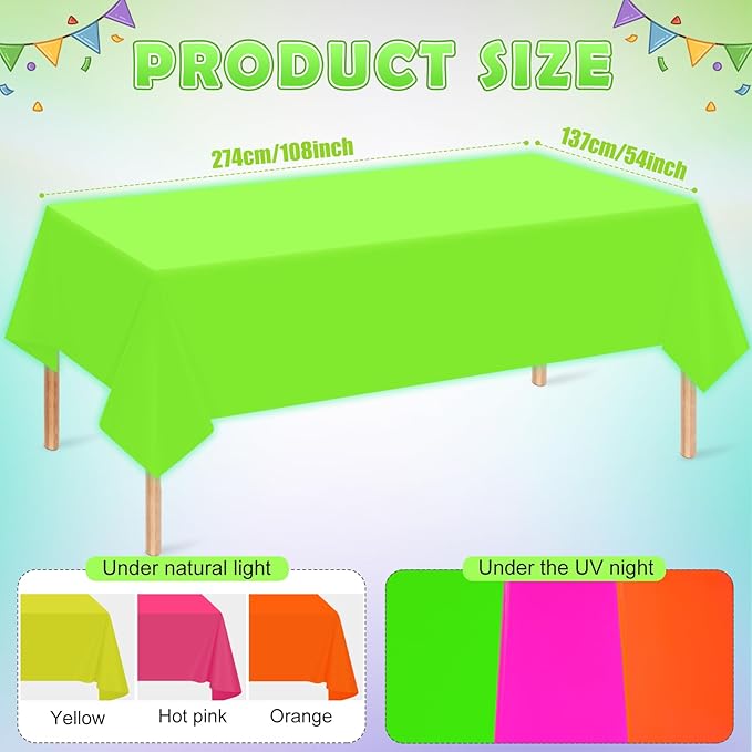 3 Pack Neon Table Cloths Party Decorations, Pink Orange Yellow Glow in The Dark Plastic Tablecloth, Disposable Rainbow Table Cover for Glow in Dark Neon Party Supplies Decorations, 54x108”